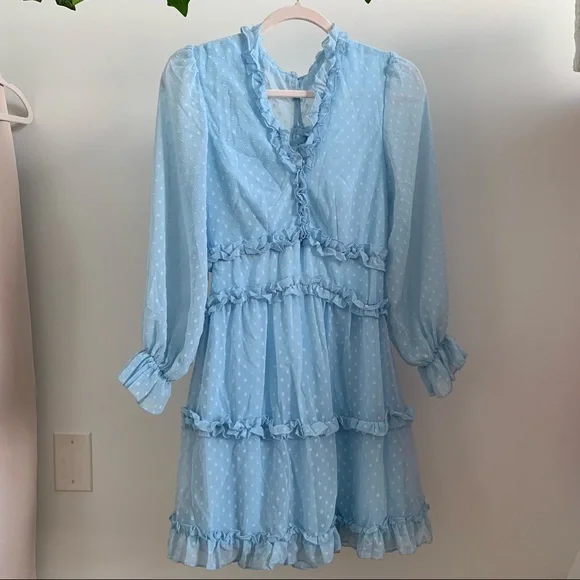 Small Blue Chiffon Long Sleeve V Neck Tiered Flowy Dress - Picture 3 of 4